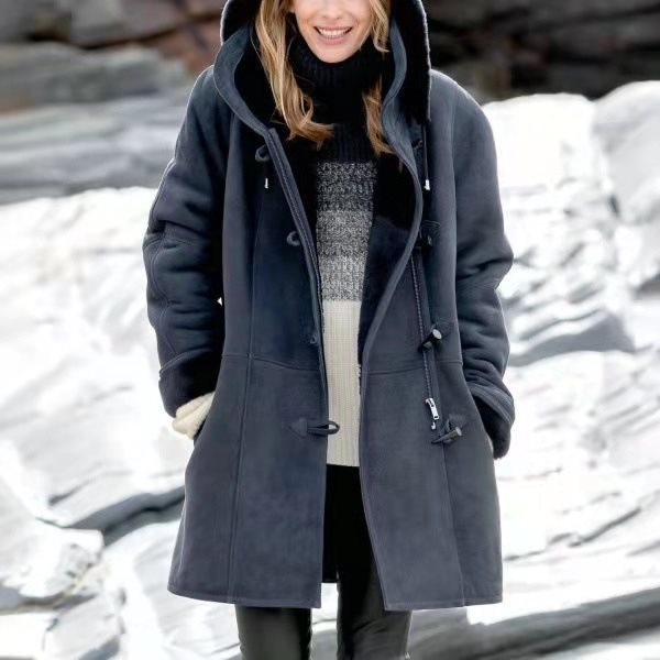 Women's Long Sleeve Horn Button Fleece-lined Warm Coats