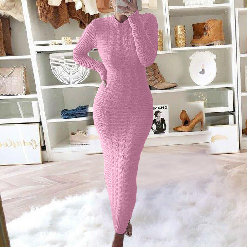 Charming Women's Fashion Twist Long-sleeved Woolen Dress