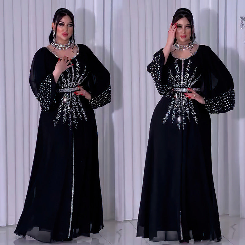 Women's Rhinestone Dress Chiffon Puff Sleeve Containing Dresses