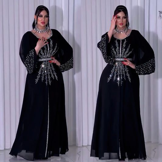 Women's Rhinestone Dress Chiffon Puff Sleeve Containing Dresses