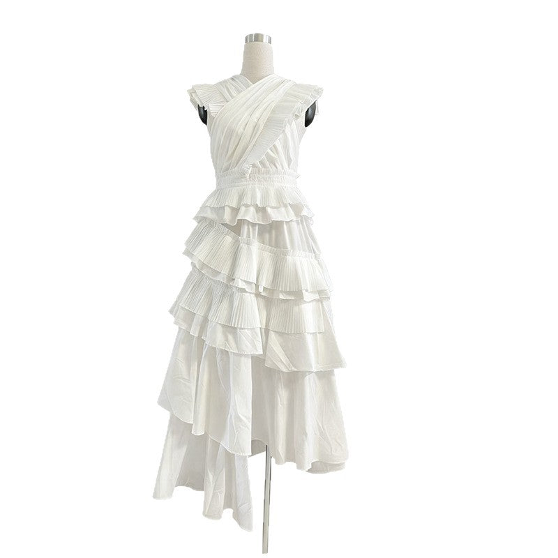 Women's Elegant Wooden Ear Stitching High-grade Collar Cross Long Dresses