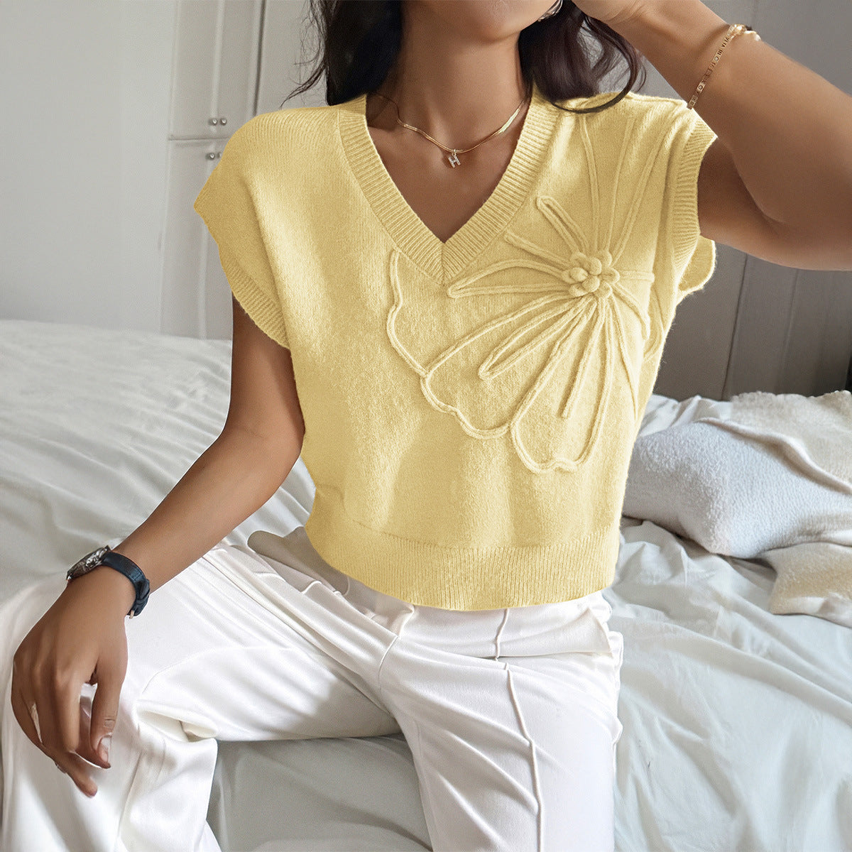 Women's Leisure Vacation Deep V Neck Solid Color Knitwear