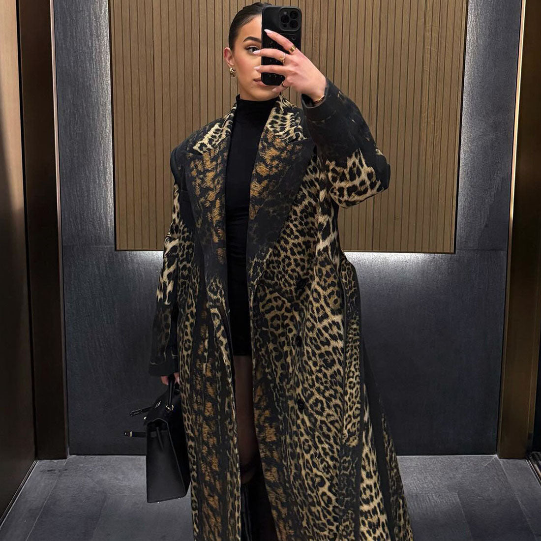 Women's Lapel Print Leopard Long Temperament Leisure Coats