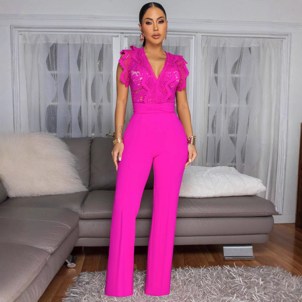 Women's Personalized Line Lace Stitching Sleeveless Sports Jumpsuits