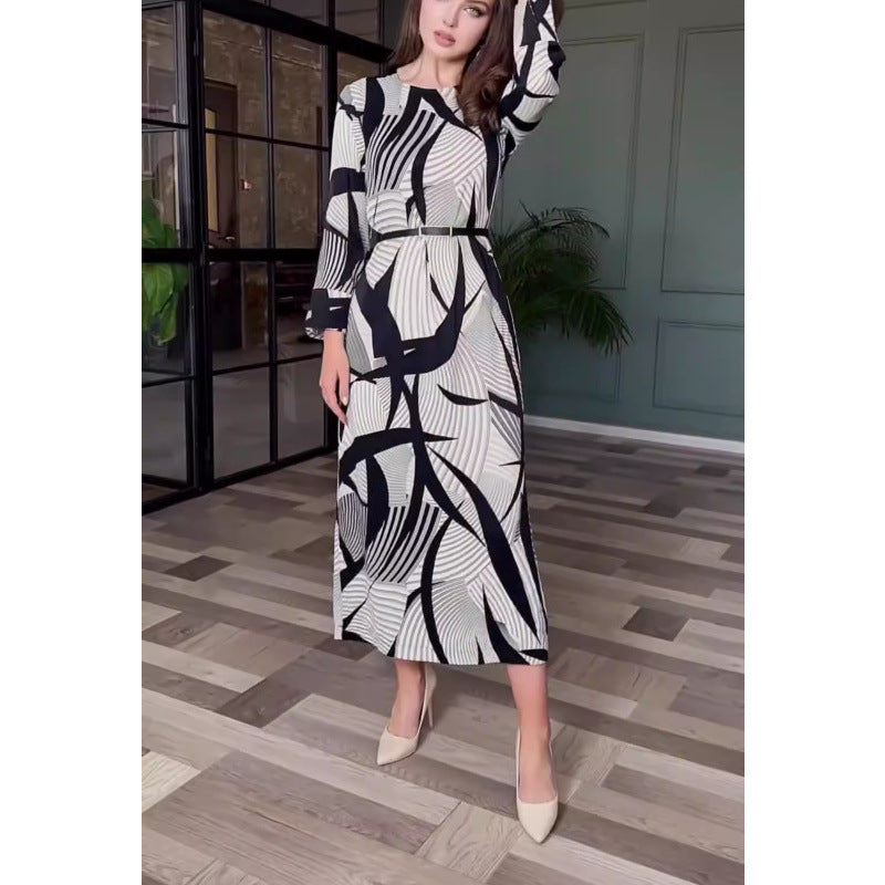 Women's Fashionable Elegant High-grade Printed Belt Long Dresses