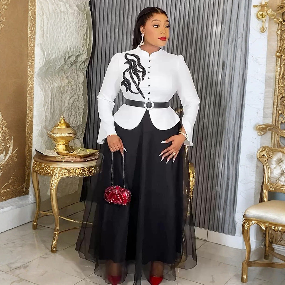 Women's Fashion Long Sleeve Button Two-piece Crystals Dresses