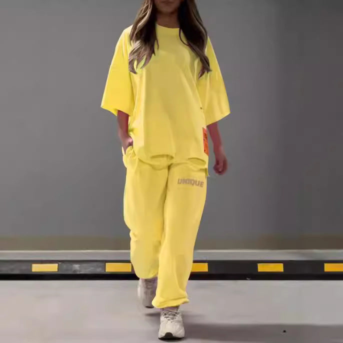 Women's Loose Crew Neck T-shirt Two-piece Set Suits