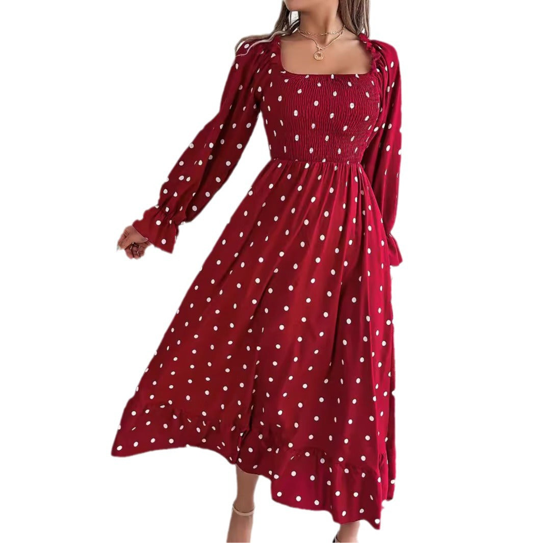 Women's Casual Wooden Ear Square Collar Polka Dot Large Dress