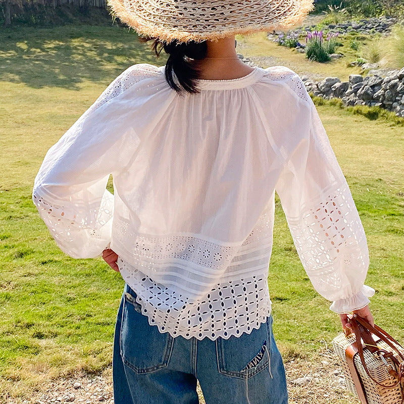 Women's Holiday French Style Shirt Design Long Sleeve White Blouses