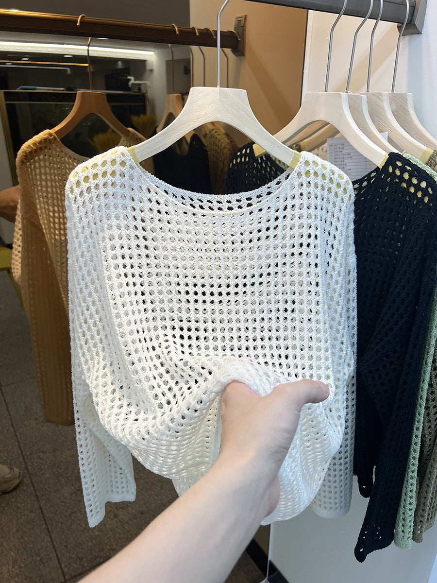 Women's Goods Long Sleeve Hollow Knitted Mesh Shirt Smock Outer Tops