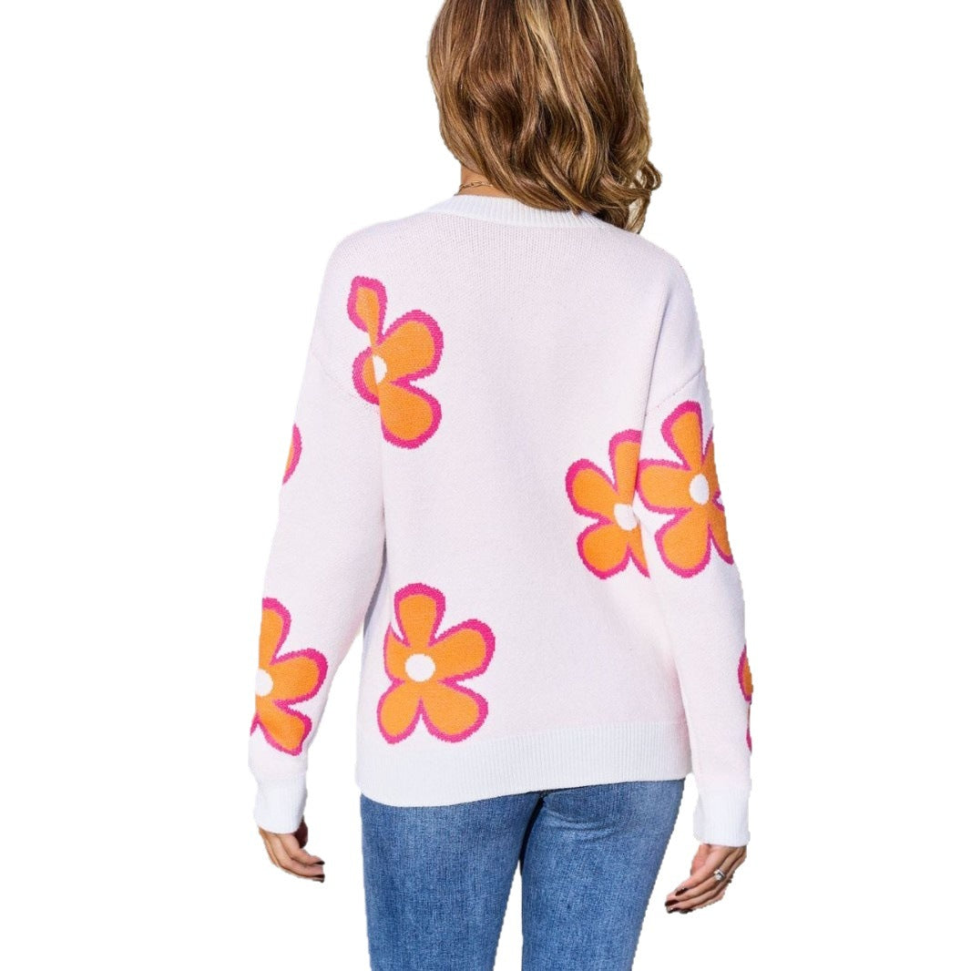 Women's Flower Jacquard Loose-fitting Trendy Contrast Color Tops