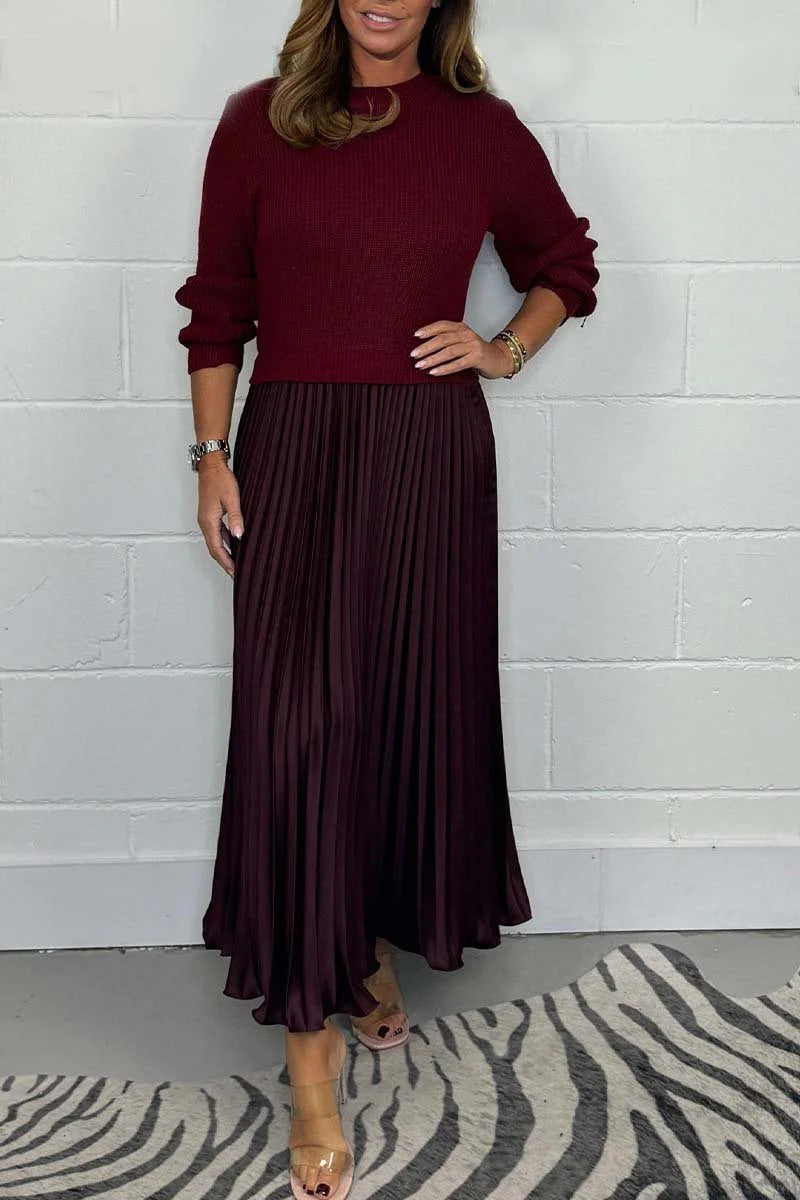 Women's Solid Color Knitted Long-sleeved Pullover Stitching Dresses