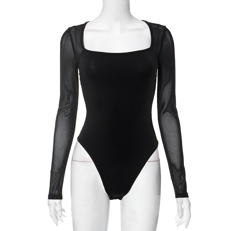 Women's Square Collar Long Sleeve Mesh Slim Blouses
