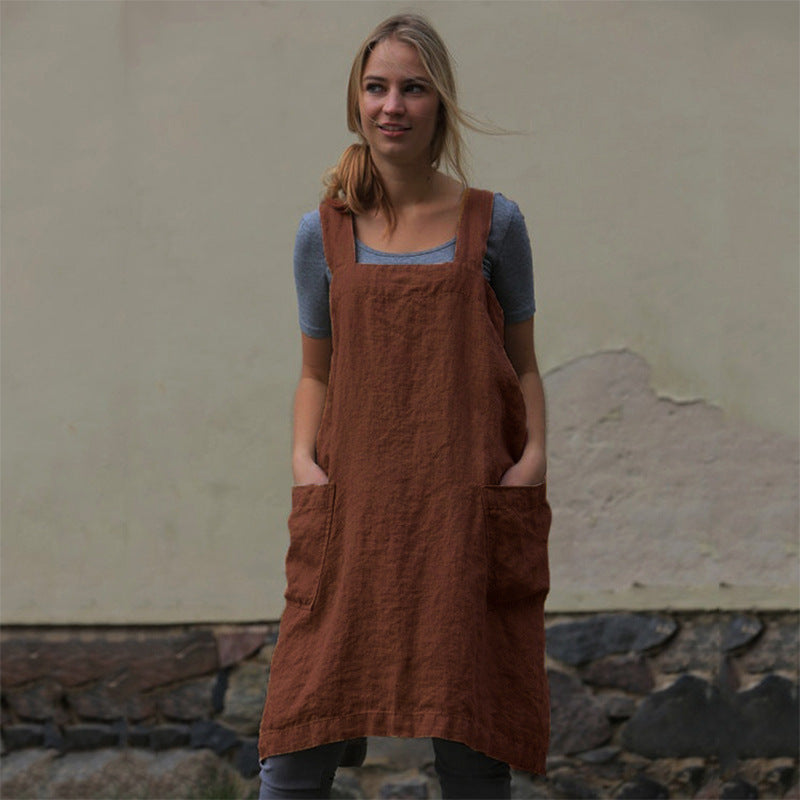 Women's Cotton Linen Apron Home Wear Gardening Dress