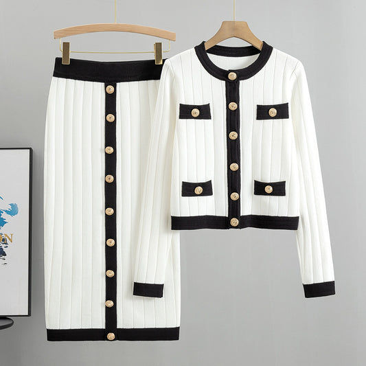 Women's French Style Temperament High-grade Knitted Two-piece Set Dress Fashion Casual Suit