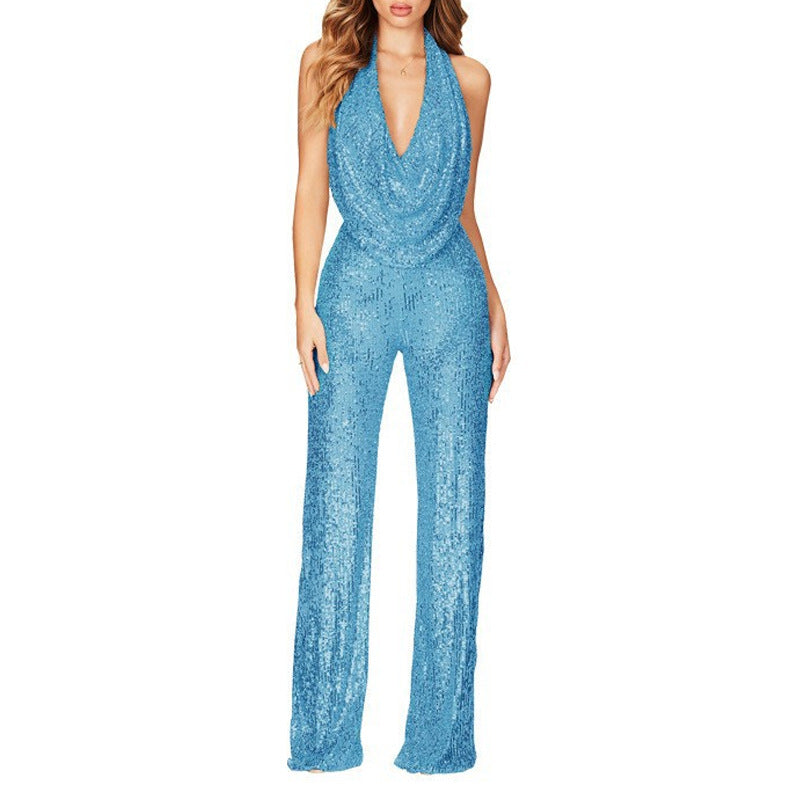 Women's Classy Summer Sleeveless Halter Sequined Jumpsuits