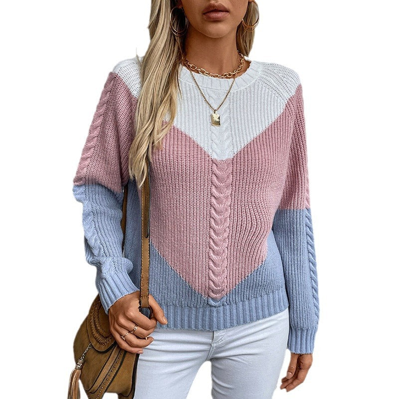 Women's Contrast Color Twisted Retro Loose Pullover Sweater