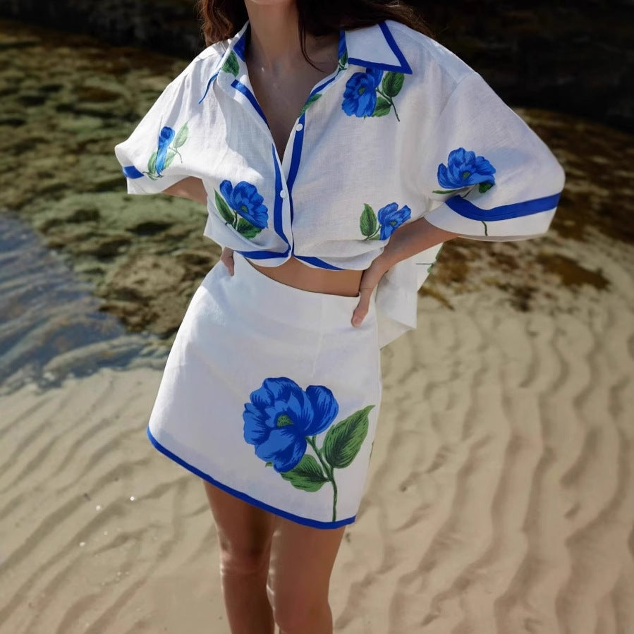 Women's Summer Positioning Printed Linen Short-sleeved Shirt Fashion Casual Suit