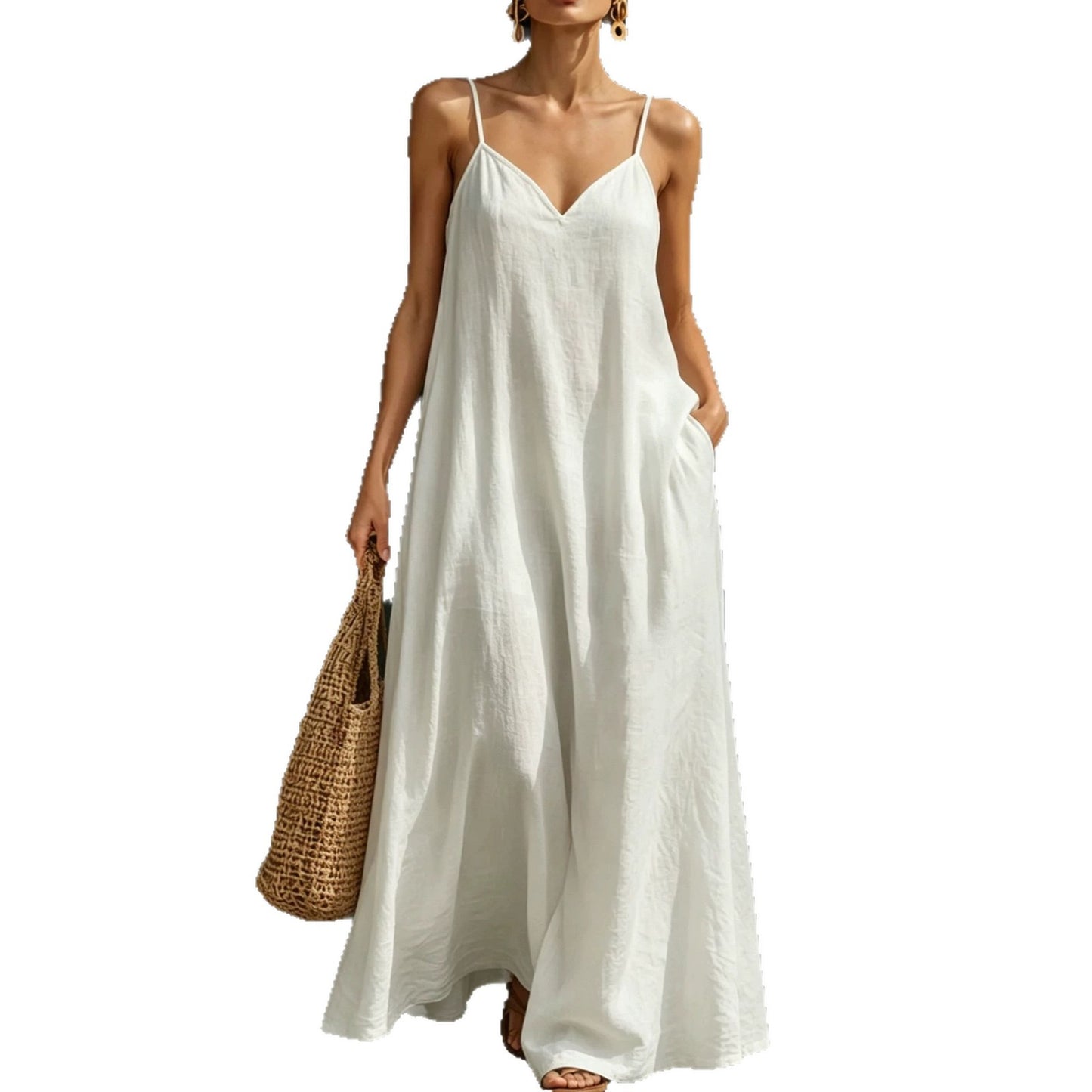 Women's Summer Strap Long Casual Fashion Large Swing Solid Color Dress