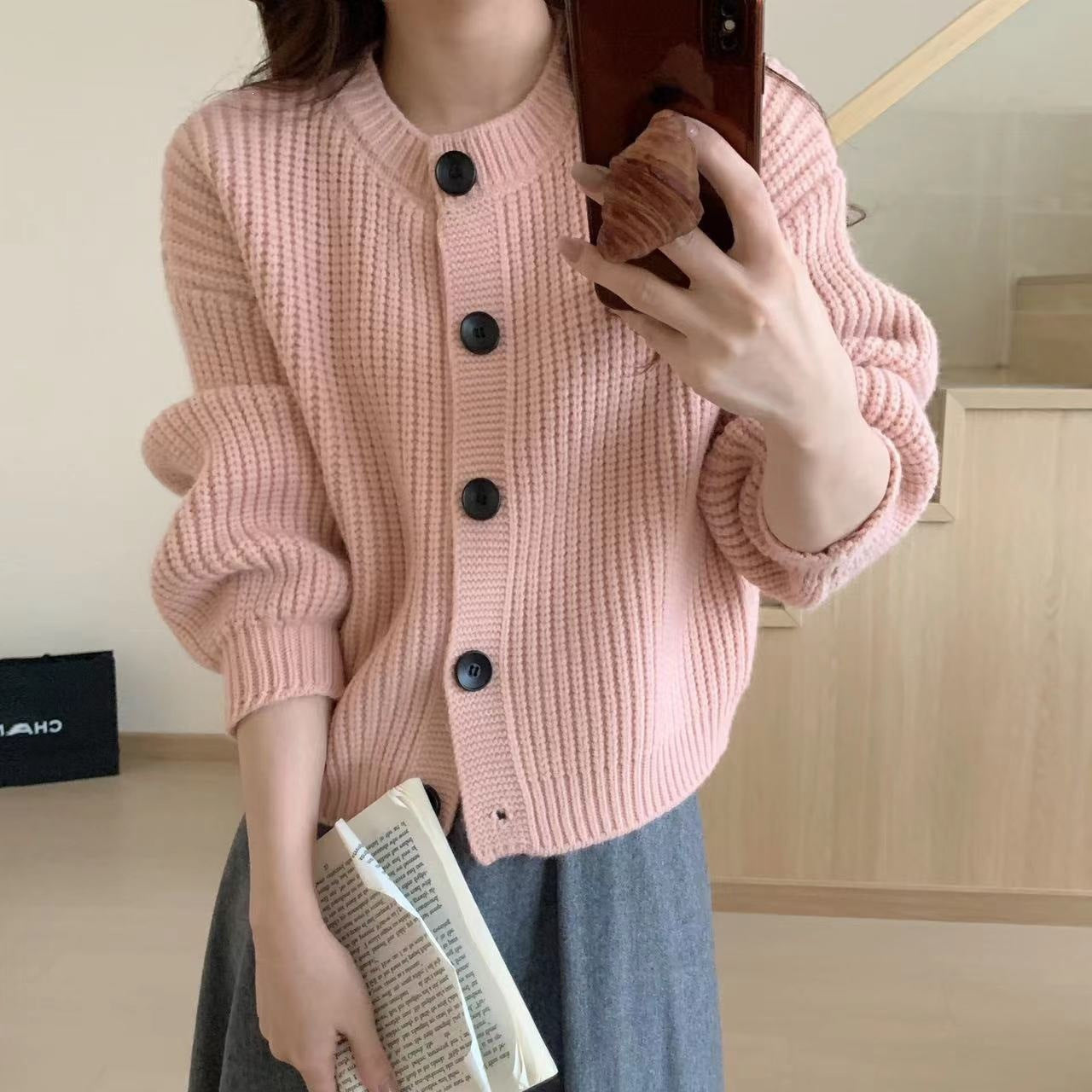 Women's Korean Style Lazy Fashion Pure Color Trendy Round Neck Knitted Women's Sweater