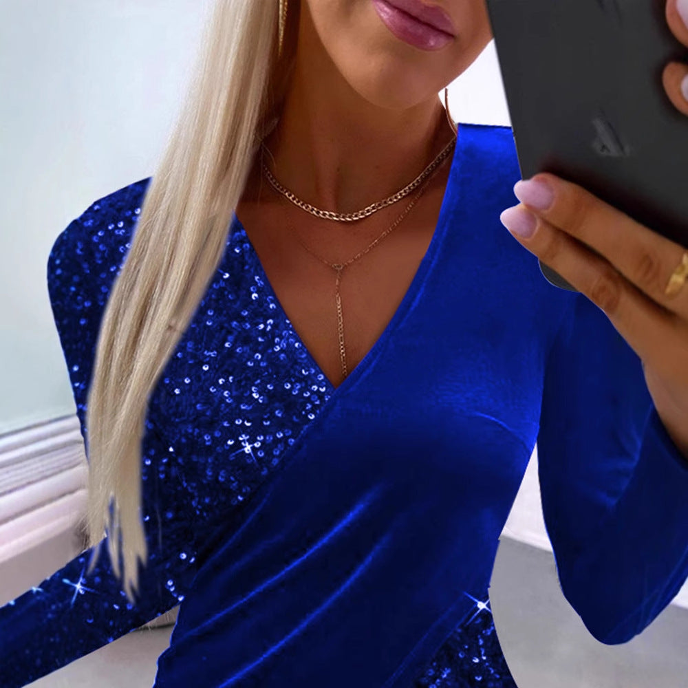 Full Sequin Stitching Veet Long Sleeves Dresses