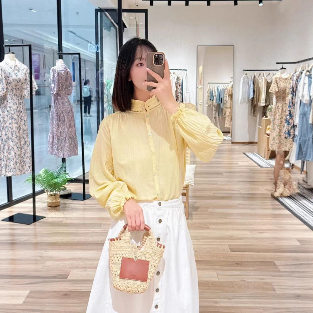 Women's French Style Summer Relaxed Minimalist Lace Collar Blouses