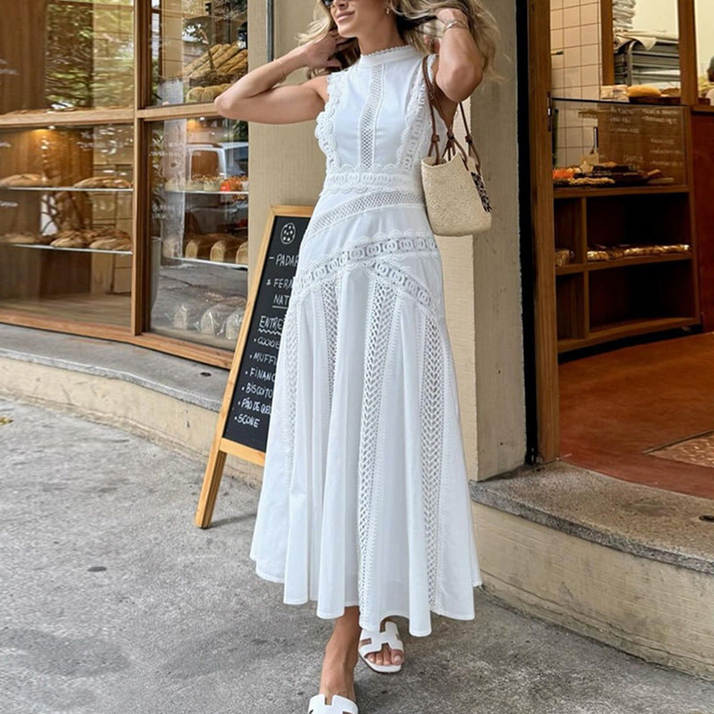 Women's High-grade Long Summer Stand Collar Sleeveless Lace Hollow Thin Clothing