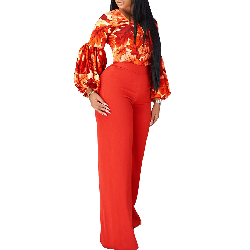 Women's Large Printed Lace Up Wide Leg Fashion Casual Suit