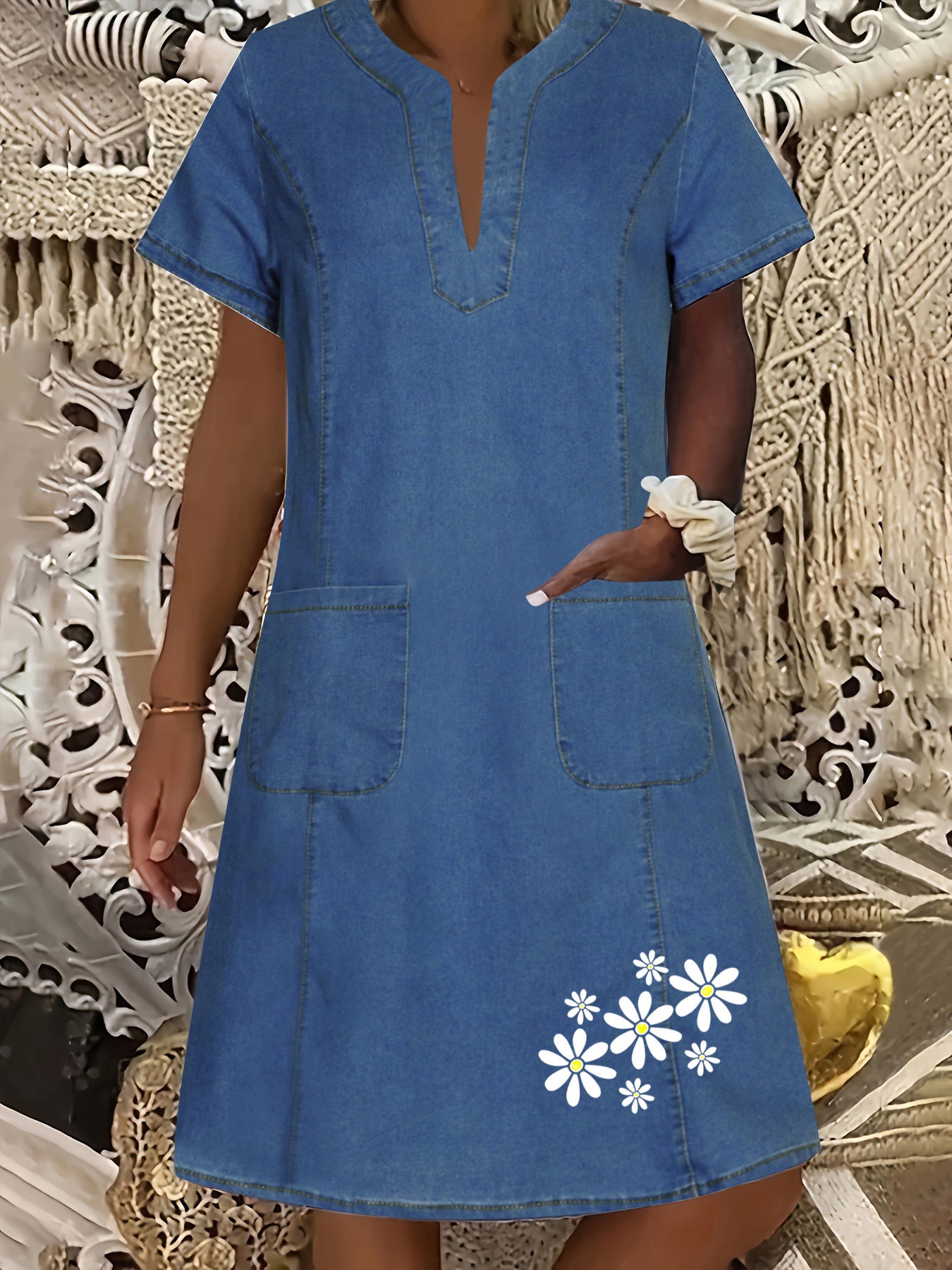 Women's Denim Dress Dark Blue Thin Pocket Dresses