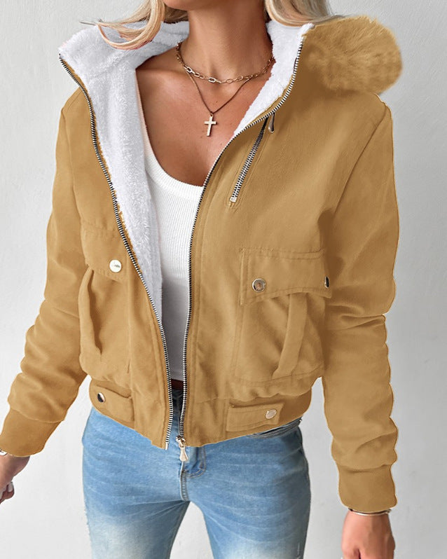 Women's Casual Fashion Hooded Furry Lining Jackets