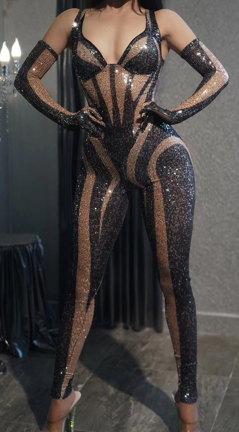 Sexy Half Backless Flesh Color Striped Jumpsuits