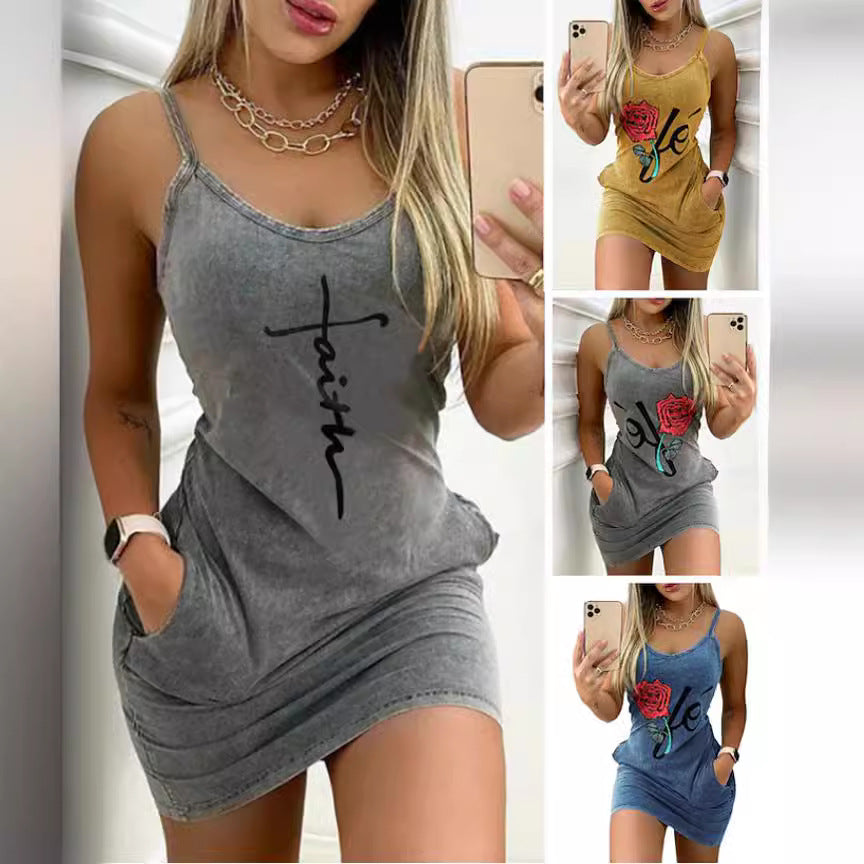 Summer Printed Pocket Slim Fit Suspender Dress