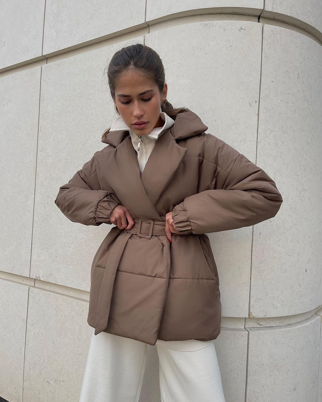 Women's Winter Padded Lapel Cinched Slimming Pure Coats
