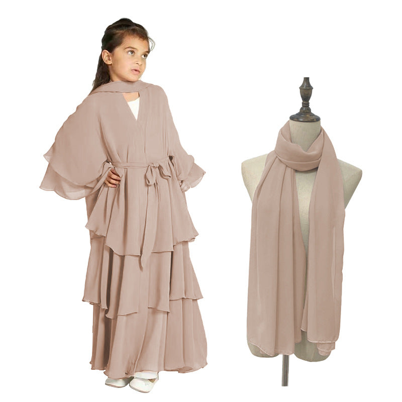 Children's Chiffon Elegant Belted With Scarf Sweet Dress