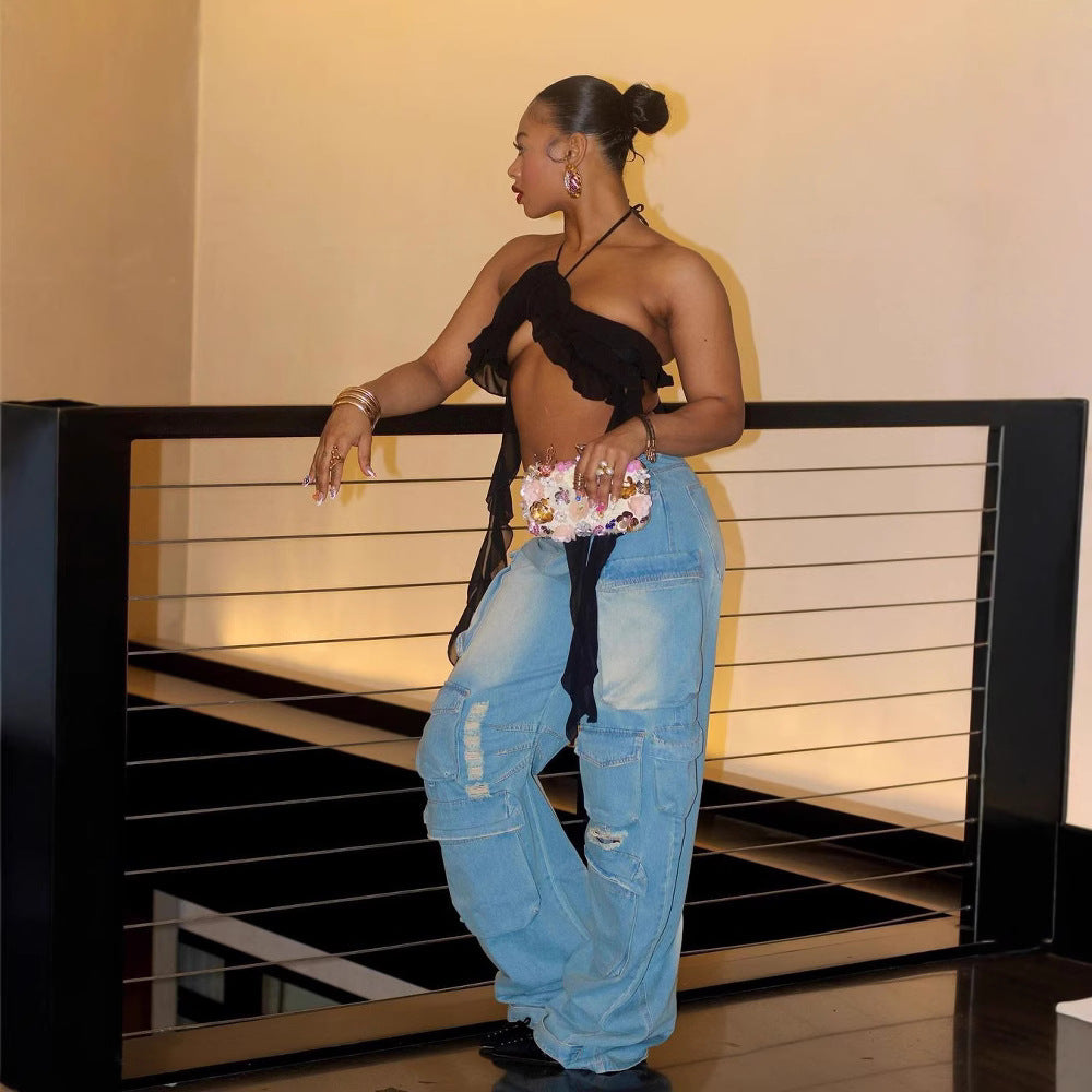 Women's Fashion Street Cut White Straight Loose Jeans