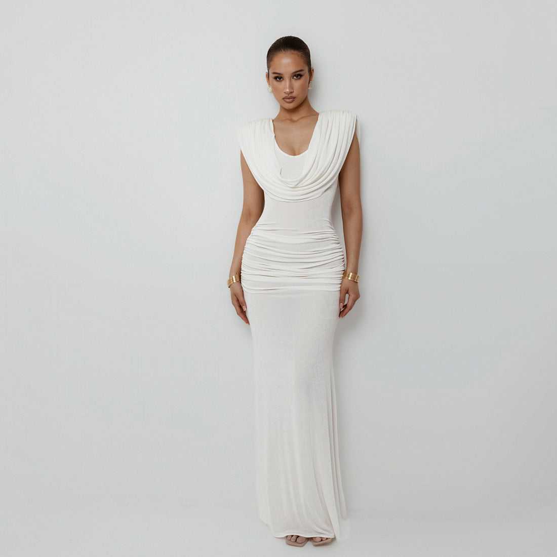 Women's Autumn Fashionable Temperament Swing Collar Elegant Fitted Waist Pleated Slim Dress