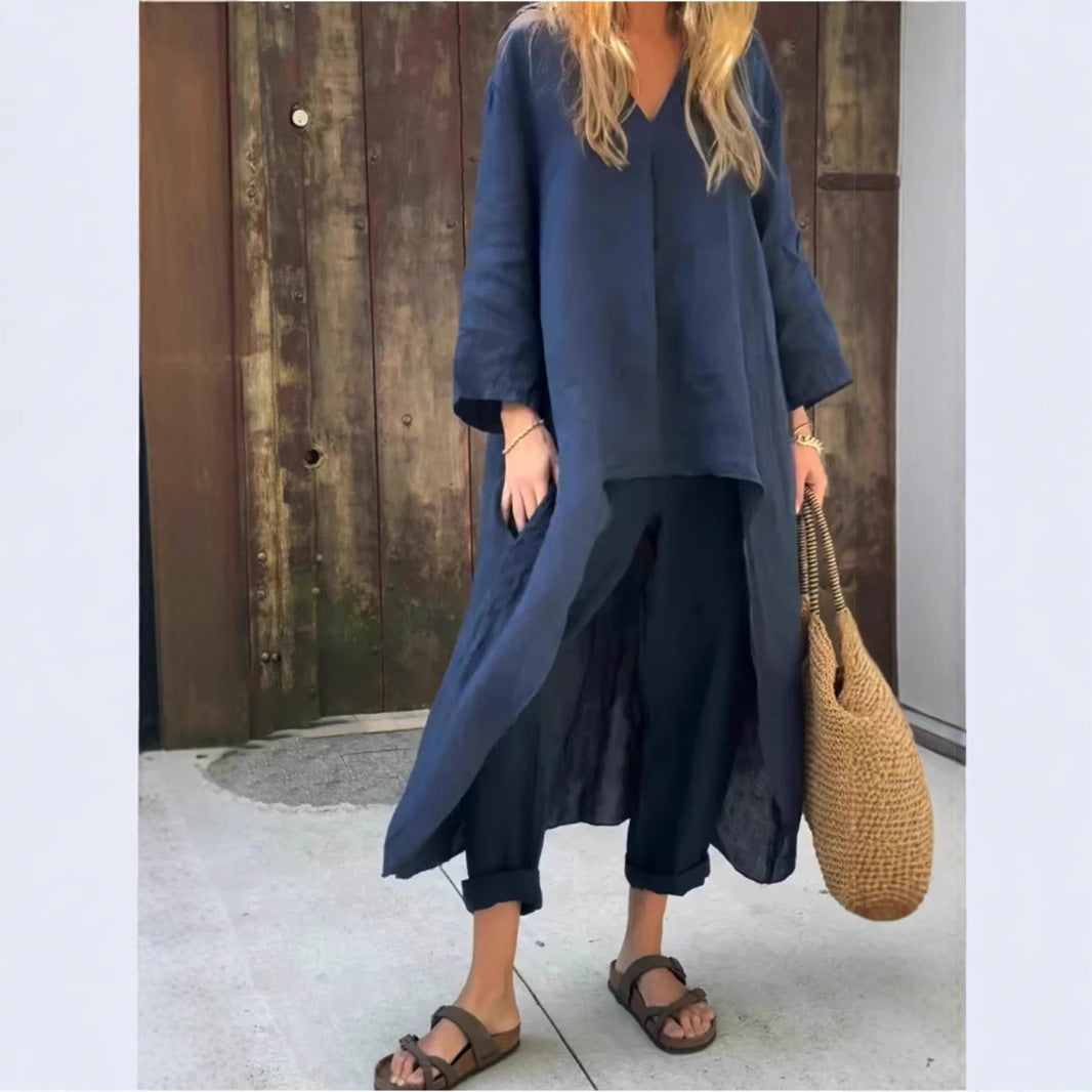 Women's Summer Pocket Set Solid Color Loose Suits
