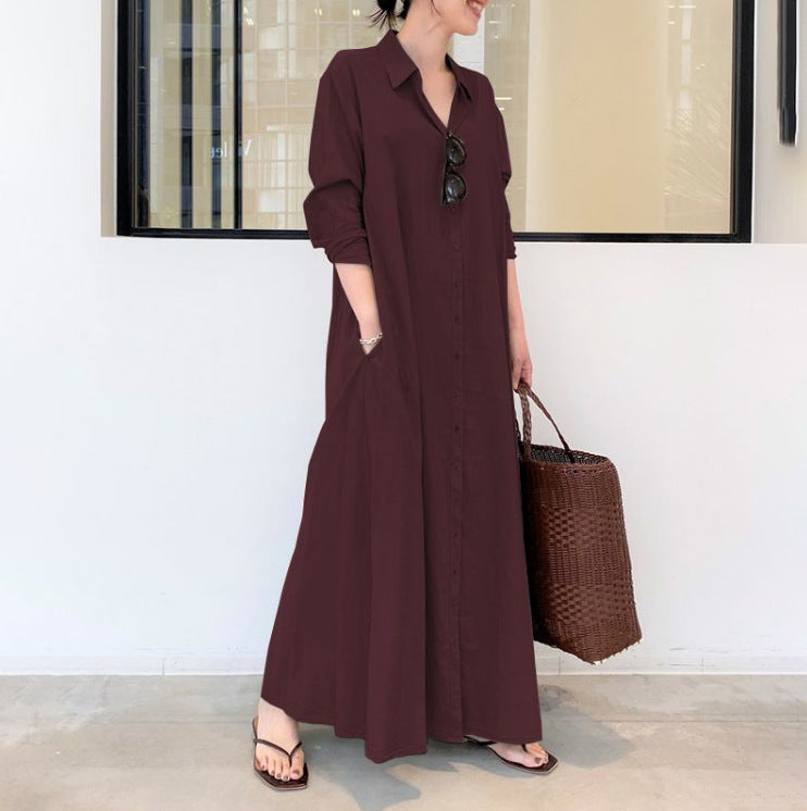 Solid Color Lapel Long Sleeve Pocket Simple Loose Dress