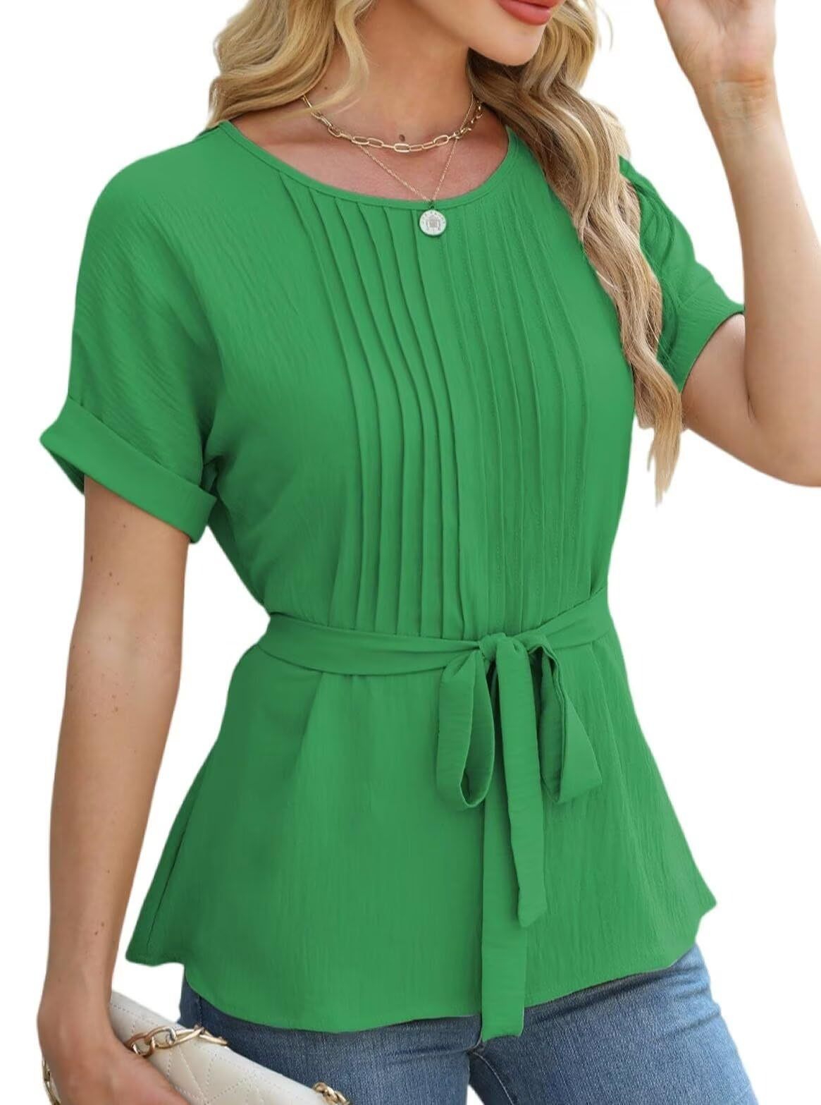 Women's Casual Shirt Ruffled Pleated Round Neck Blouses