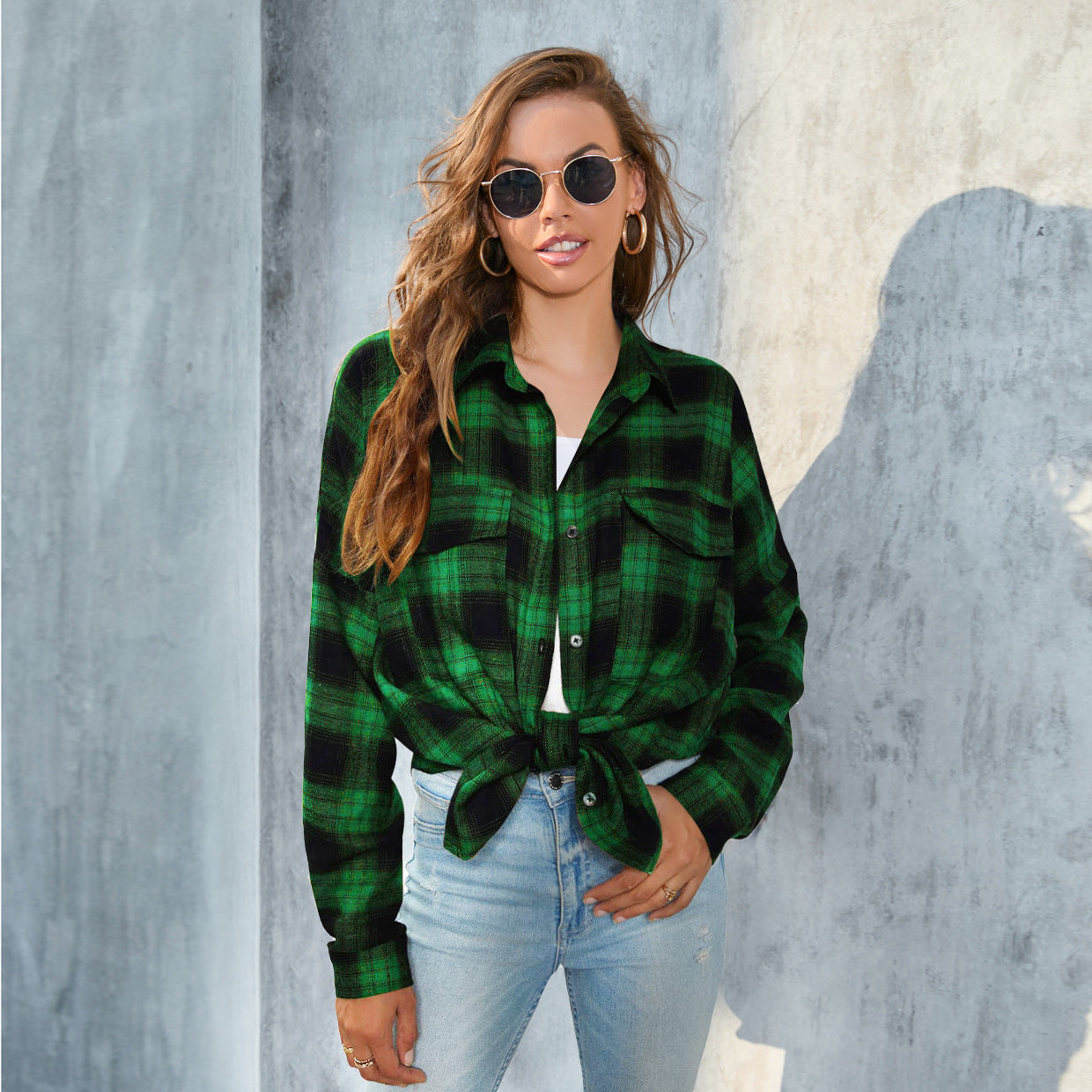 Women's Large Long-sleeved Plaid Button Shirt With Blouses