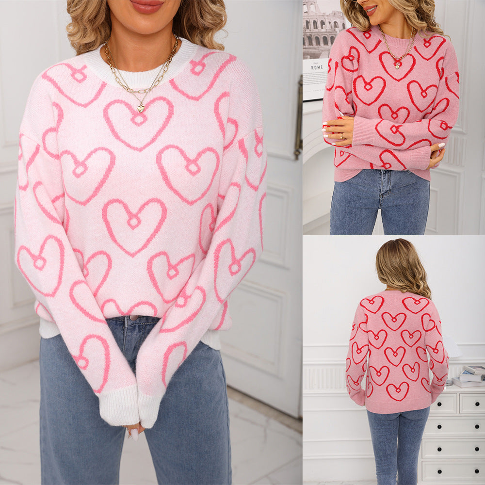 Women's Round Neck Love Contrast Color Loose Pullover Sweater