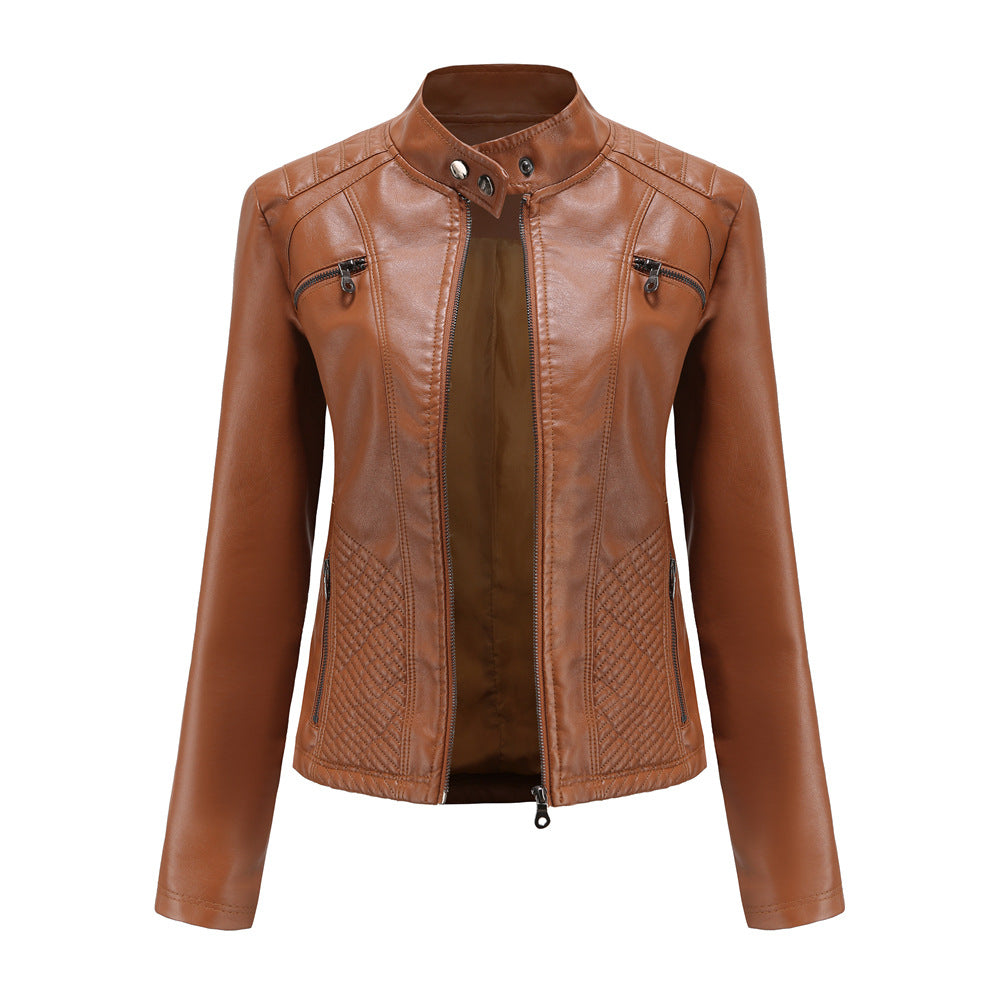 Women's Casual Leather Stand Collar Solid Color Jackets