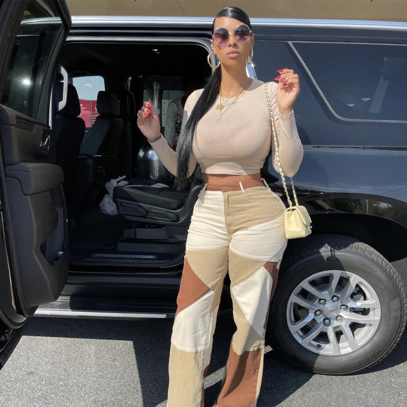 Women's Autumn Fashion Stitching Denim Trousers Jeans