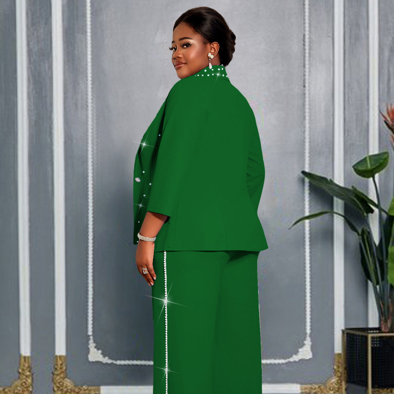Women's Commuting Wear Turn-down Collar Green Beaded Suits