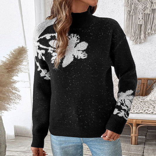 Women's Black With High Collar Flowers Print Sweaters