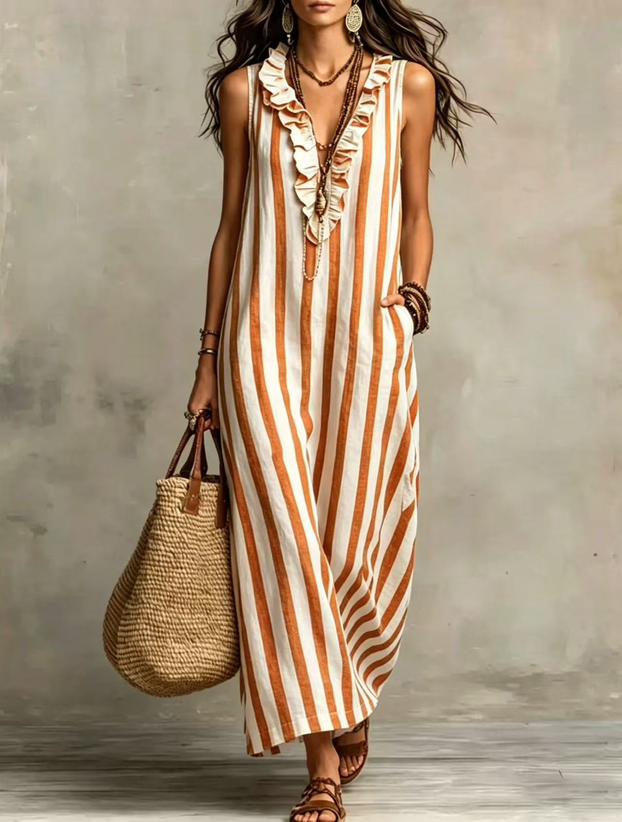 Summer Bohemian Style Vertical Stripes Ruffled Dress