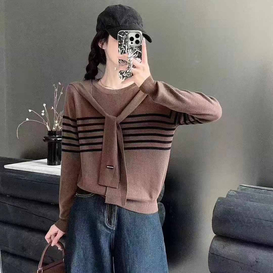 Niche Trendy Long Sleeve Striped Shawl Fake Two-piece Knitted Tops