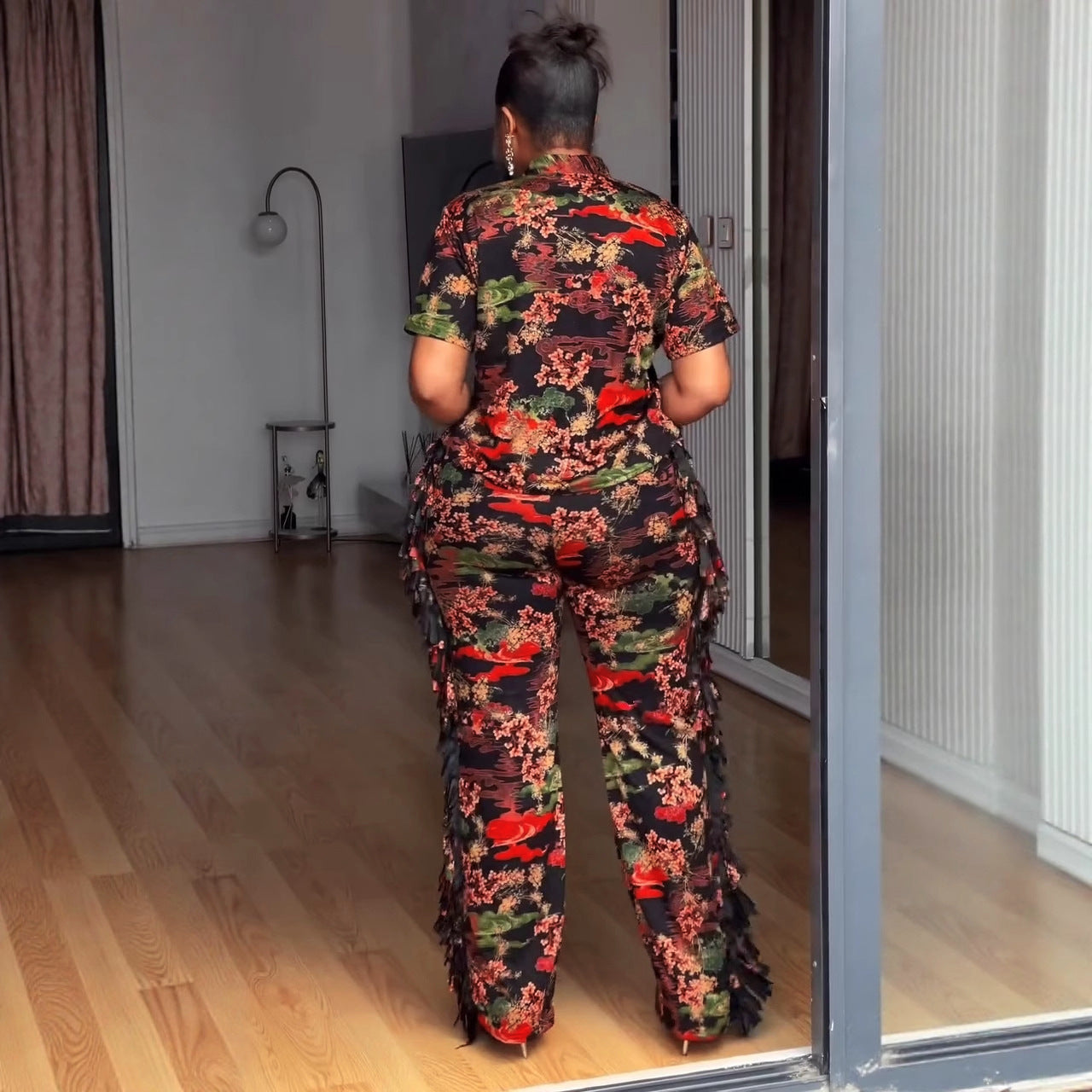 Elegant Commute Leisure Lapel Print Sleeve Jumpsuits