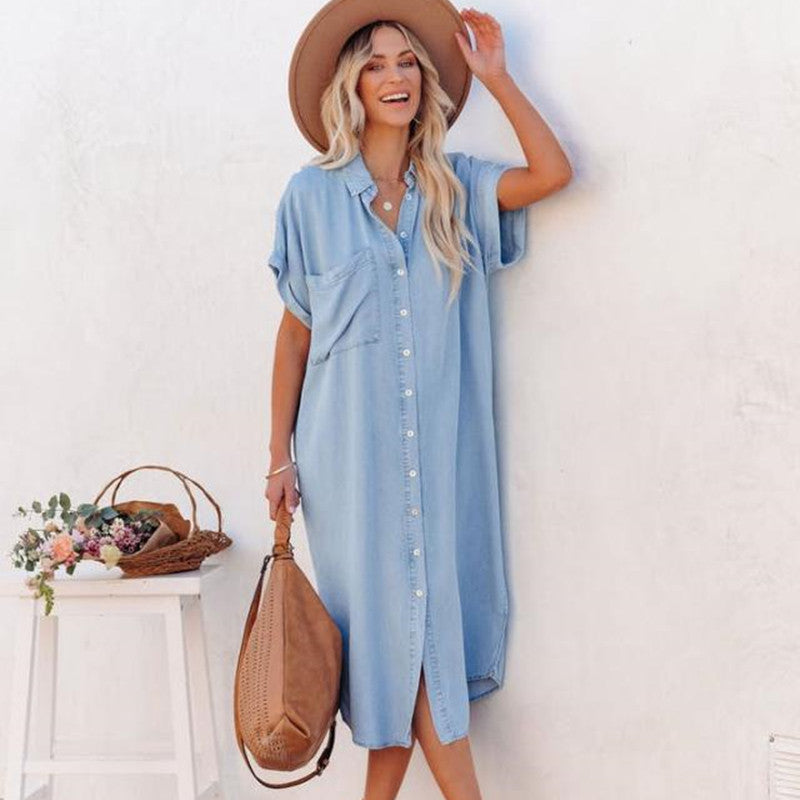 Women's Solid Color Denim Sleeve Long Pattern Split Dress
