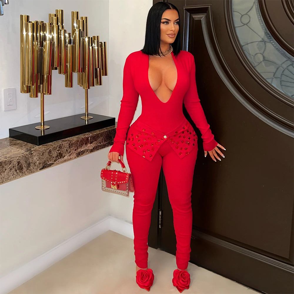 Women's Rhinestone Slim Fit Pencil Solid Color Jumpsuits
